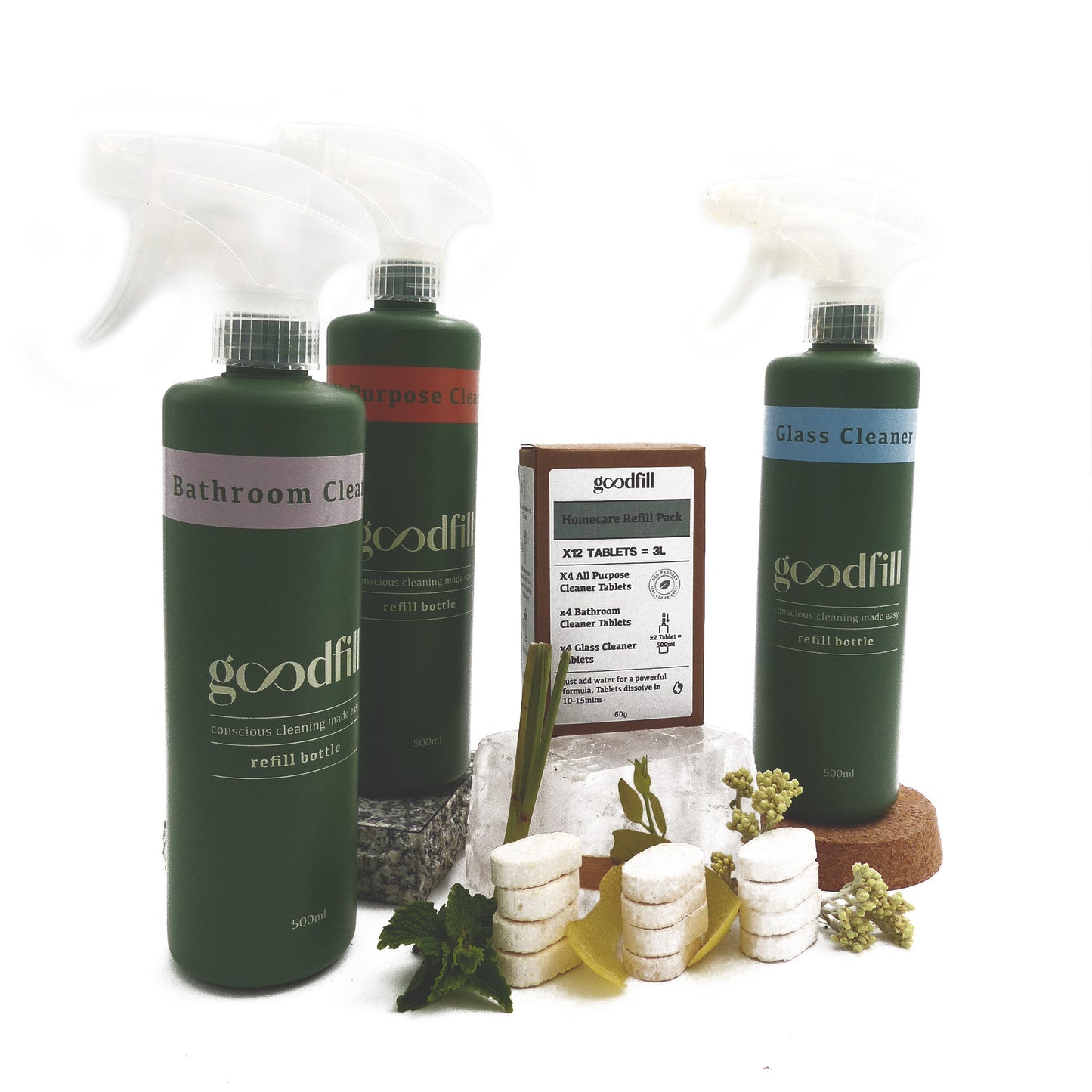 Homecare Starter Kit - x3 Refill Bottles & Homecare Variety Refill Pack (12 Tablets - makes 3L)