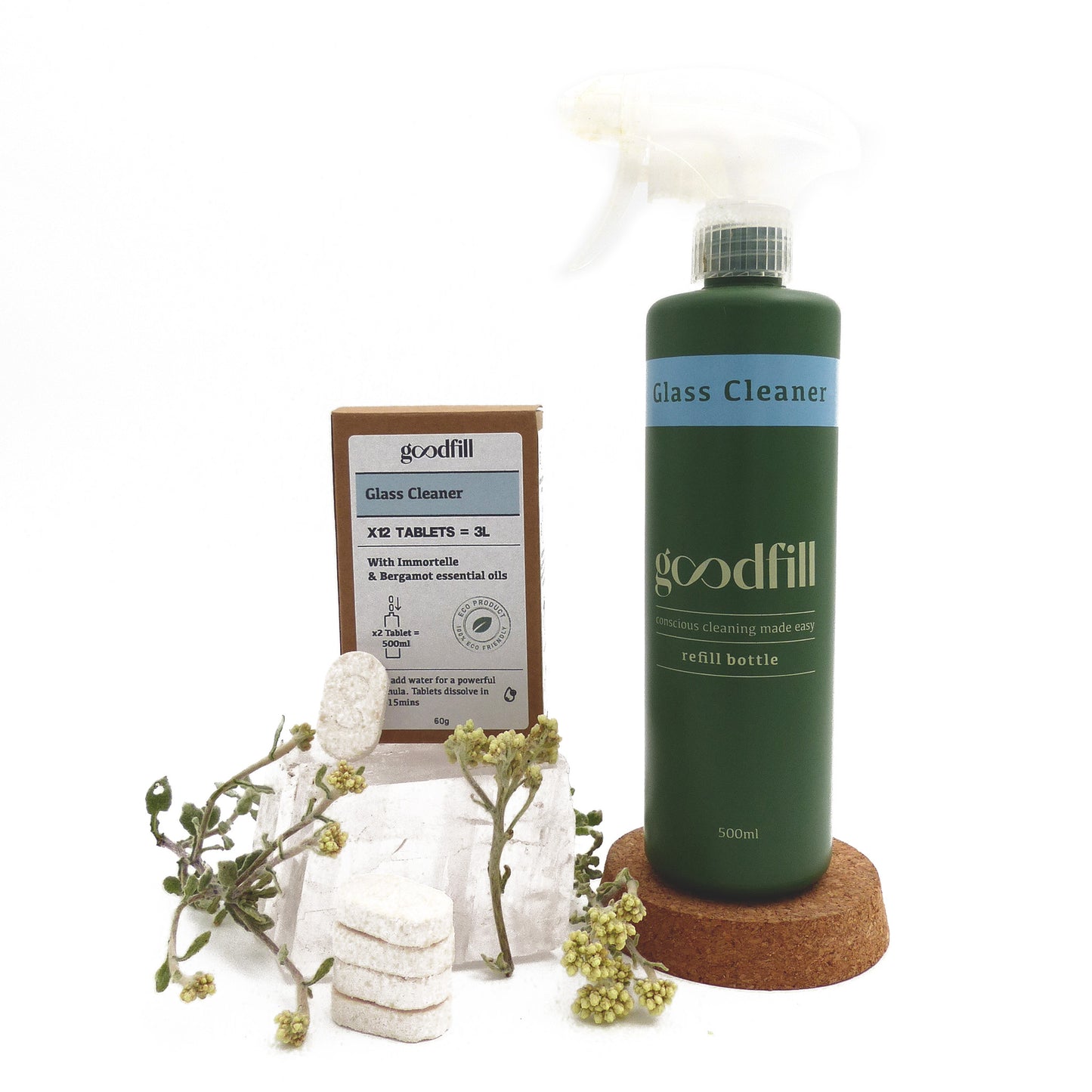 Glass Cleaner Bottle + Refill Pack(6 Tablets - makes 1.5L)